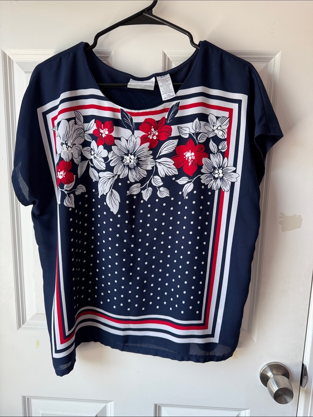 Alfred Dunner Navy Floral & Polka Dot Short Sleeve Blouse sz 16 petit